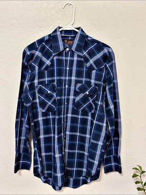 Plains Men'Small Plaid Snap Western Shirt Size Small